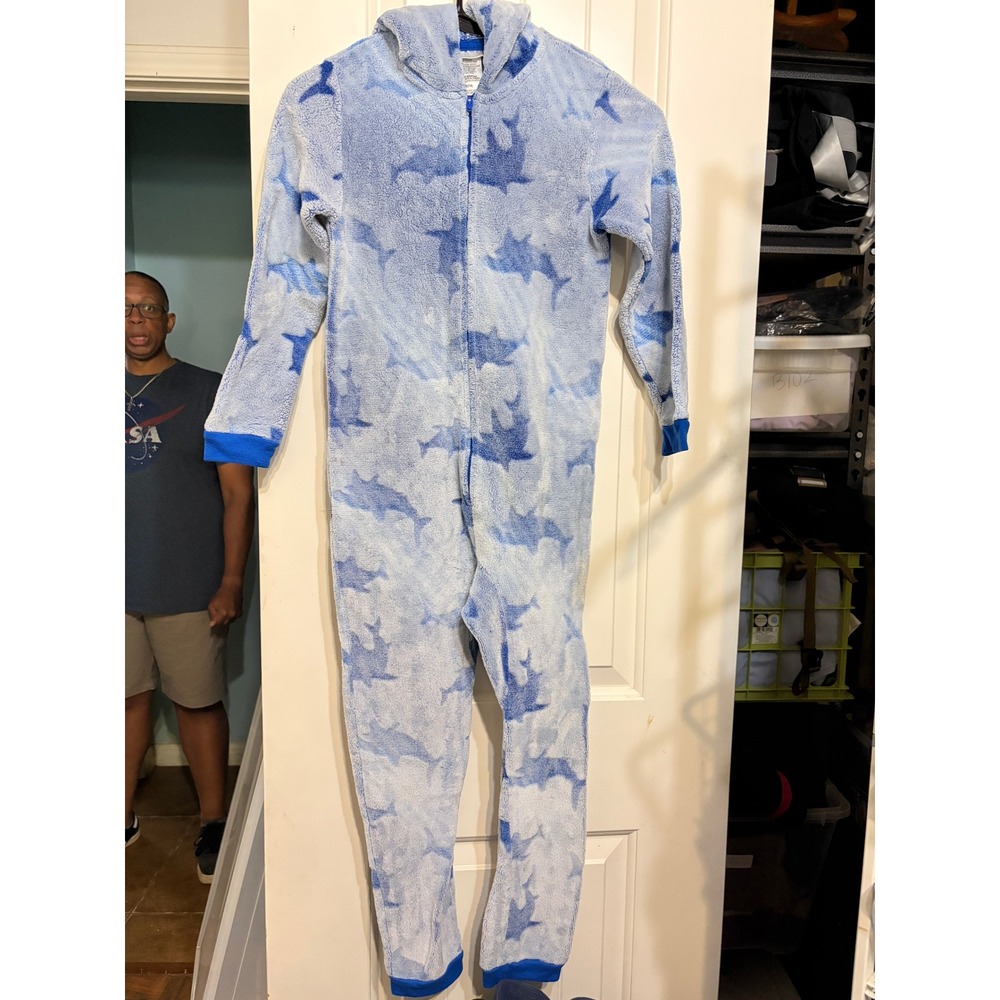 Komar Kids Blue Shark Fleece Hooded Union Suit One Piece Pajamas size7/8 Costume